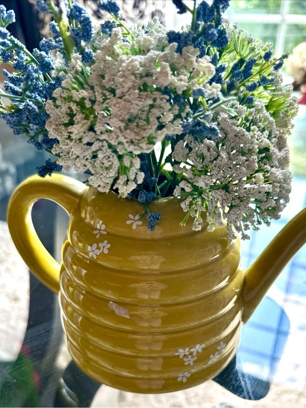 Yellow Ceramic Bee Hive Watering Can Vase with Blue & White Floral Accents 10x10